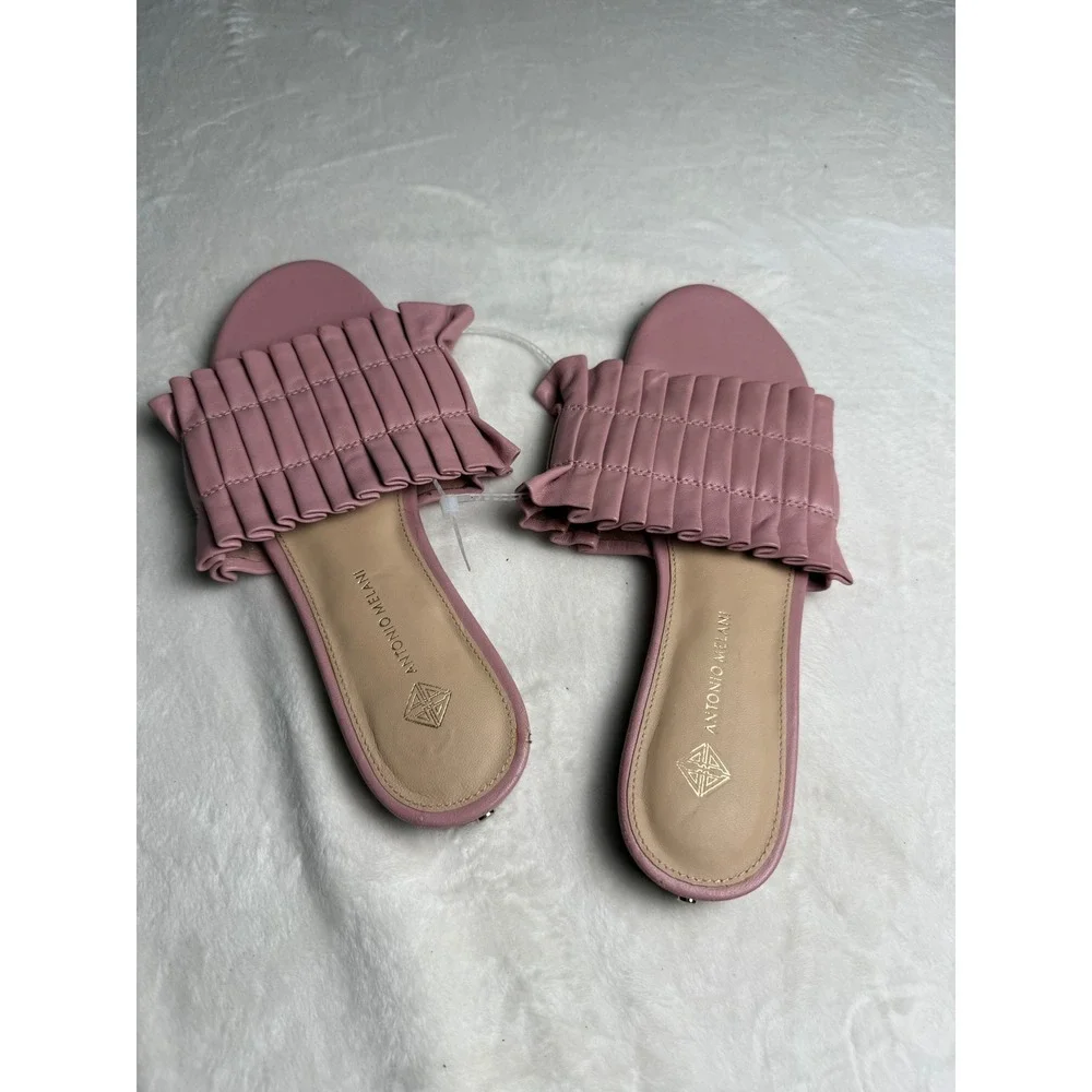 Antonio Melani Pink Leather Pleated Ruffle Slide Sandals Women 7M Flat Shoes